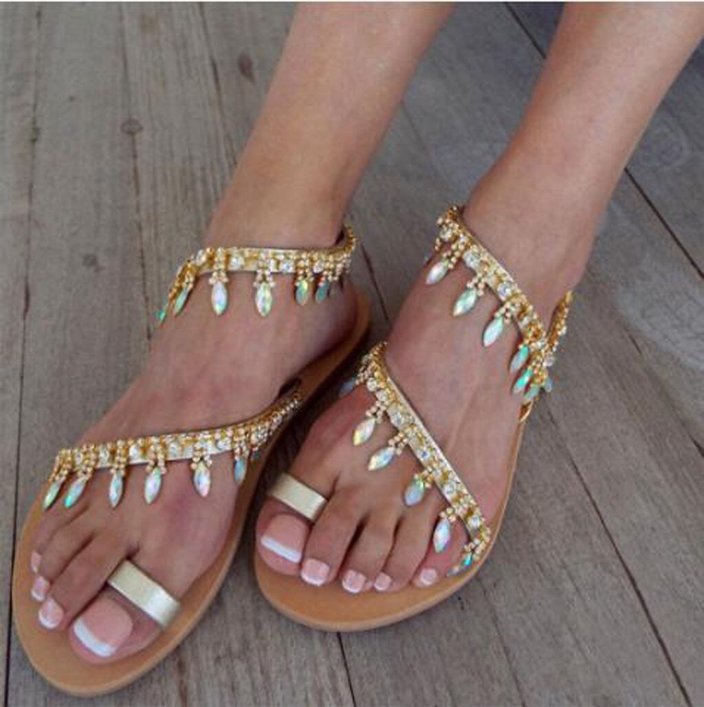 Women Flat Beaded Open Toe Breathable Comfortable Beach Shoe Light Roman Sandals zapatos de mujer tacon punta#G10