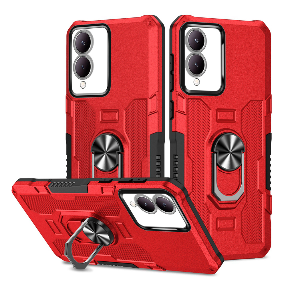 Shockproof Armor Case for VIVO Y17S Soft Silicone+PC Metal Ring Stand Phone Back Cover for VIVO Y17S: Red