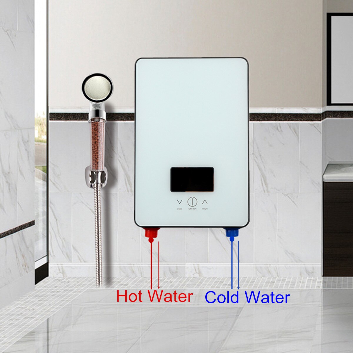 6500W Instant Water Heater 220V Bathroom Tankless Electric Water Heater Self-checking LCD Digital Display White Thermostat
