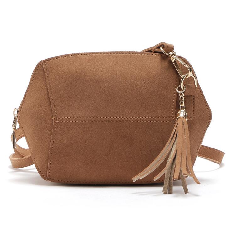 Bolso cruzado de nobuk con borla para mujer, Mini bolso de hombro femenino con solapa de cuero PU, Bolso Barato de mensajero sólido: Marrón