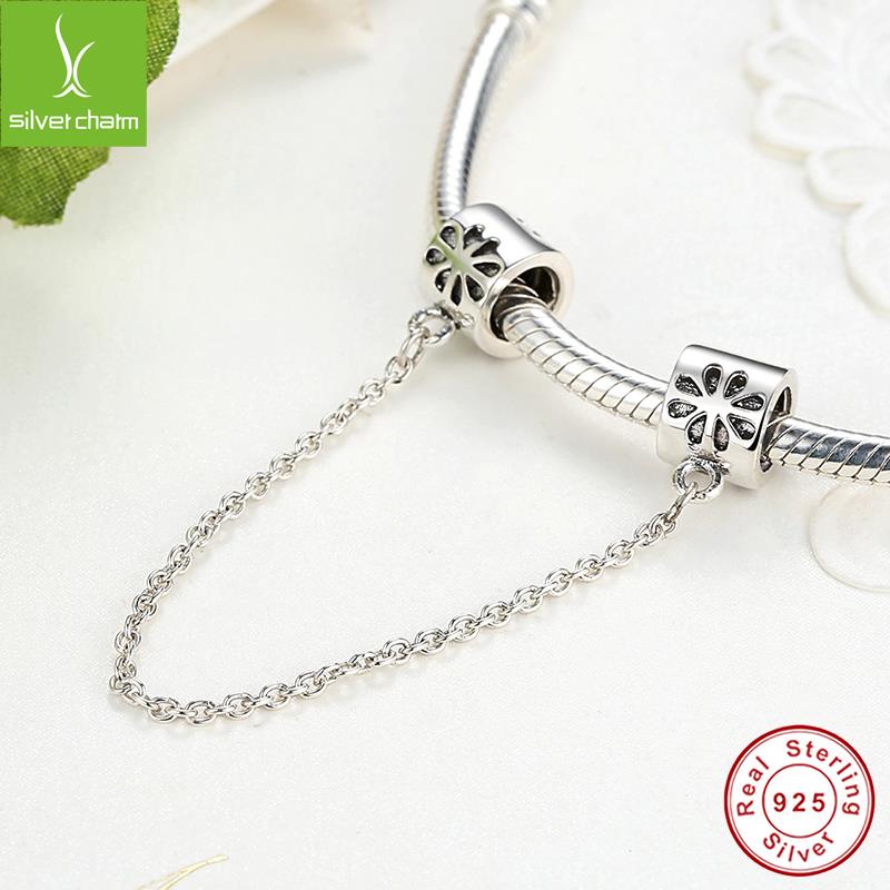 100% 925 Sterling Silver Daisy Safety Chain Charm Fit Original wst Bracelet Pendant Authentic Jewelry Christmas