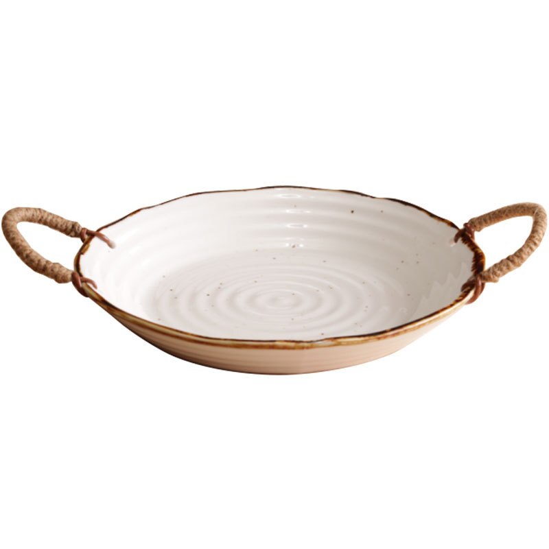 Retro Keramische Plaat Creatieve Hennep Touw Binaural Decoratieve Ontbijt Brood Schotel Desktop Fruitsalade Platen Keuken Servies