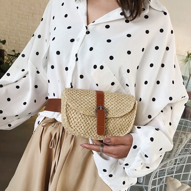 2x Women Straw Waist Chest Bag Fanny Bag Small Beach Bag Female Shoulder Messenger Bags(Pink Brown&Light Brown)