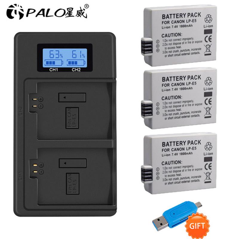 1800mAh LPE5 LP E5 LP-E5 Battery + LCD Dual USB Charger For Canon 450D 500D 1000D KISS X2 X3 F Rebel XS XSi T1i: RED
