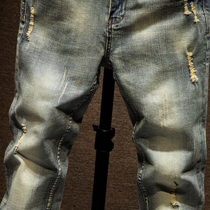 Ripped jeans til mænd slim fit retro blå stretch hip hop forår efterår herre jeans mærke ødelagt iturevne mænds denim jeans