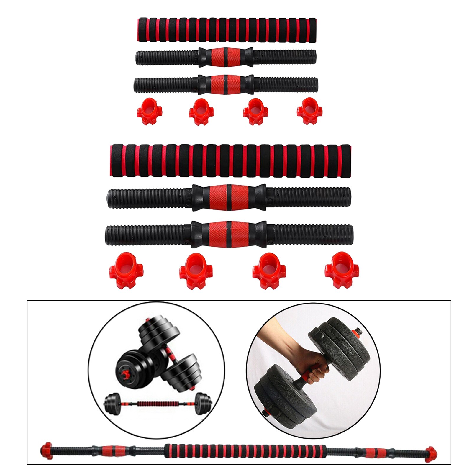 Dumbbell Bar Handle Standard 1'' Threaded Arm Strength Training Barbell Built Extension Rod Extender & Spin Lock Set