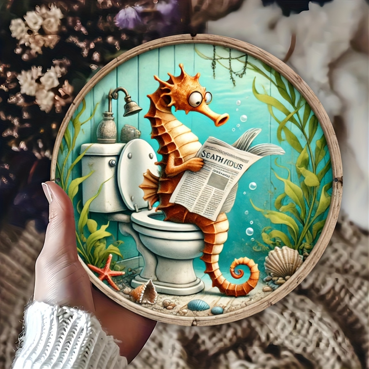 Zeepaardje Lezen Krant in het Toilet Thema Rond Houten Huis Keuken Tuin Club Garage Kantoor Muur Decor Ideale