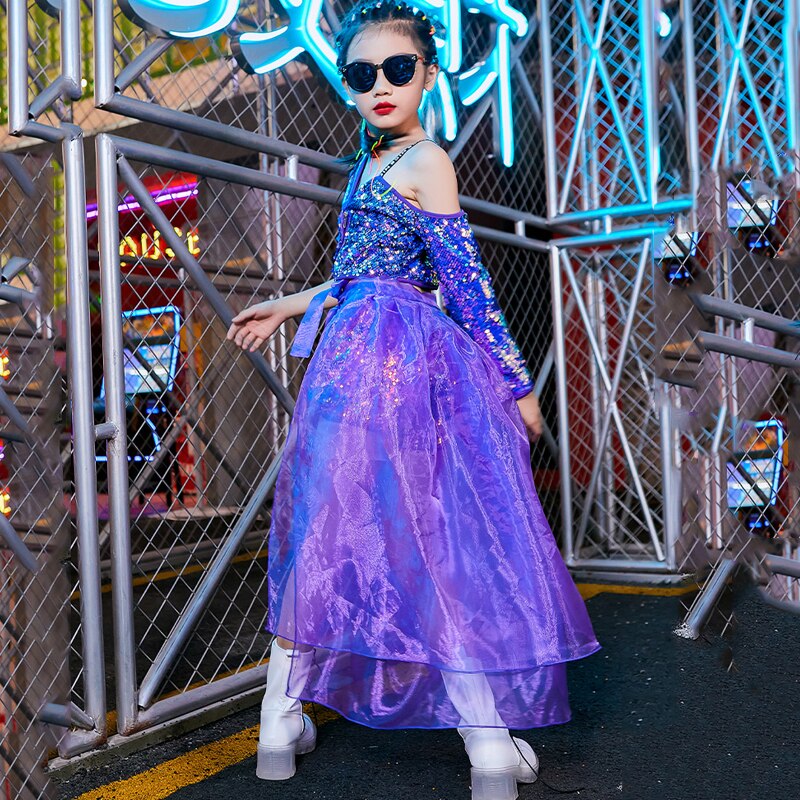 Glimmende pailletten podiumkostuums voor kinderen hiphop performance kleding meisjes jazz dans set paarse band outfit dnv 14051