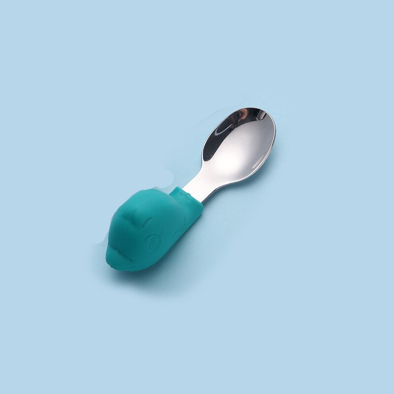 Babyservice lære at spise træning ske kort ske gaffelsæt spædbørnsservice fodergaffel baby gadgets børnebestik: Grøn angry bird enkelt ske uden æske
