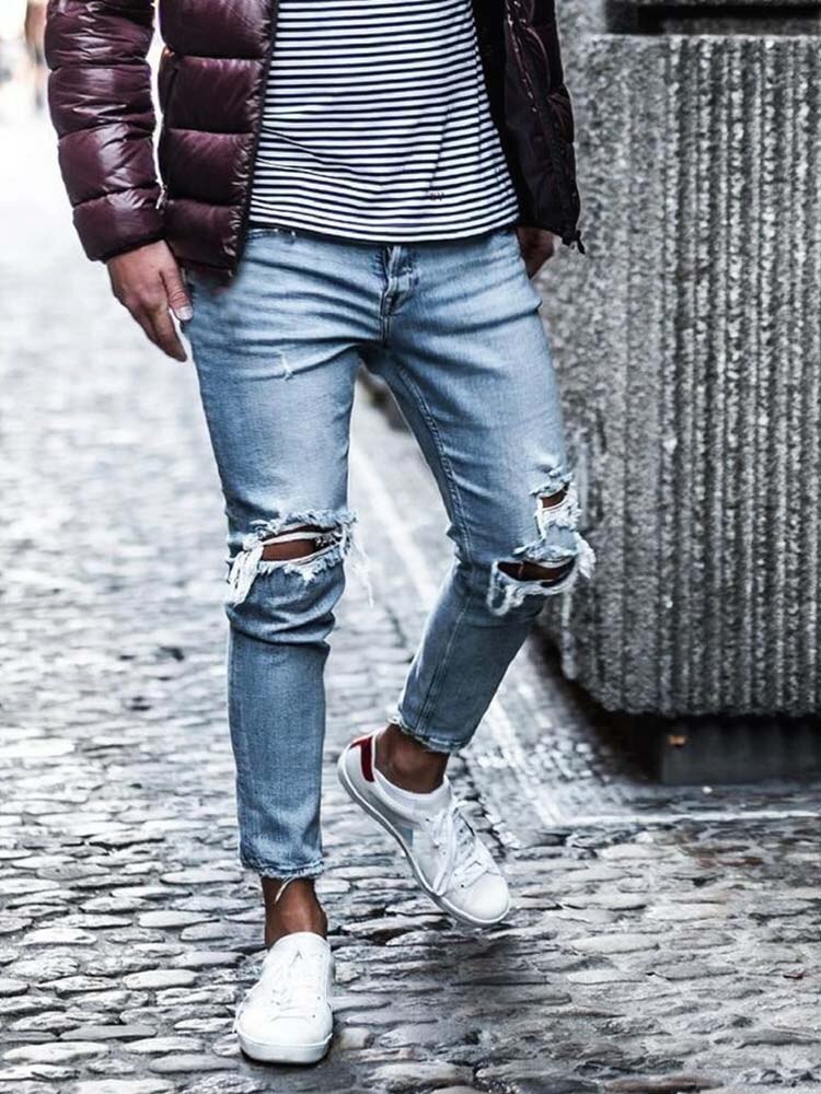 Men Jeans Streetwear Knee Ripped Skinny Hip Hop Estroyed Hole Pants Solid Color Male Stretch Casual Denim Big Trousers