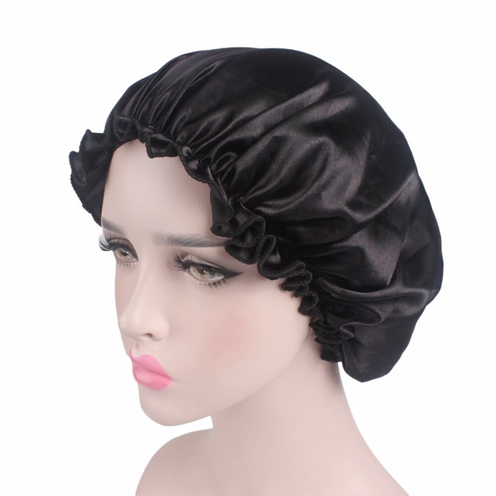 Elastic 58cm Women Shower Cap Satin Night Sleep Cap Shower Cap Hair Bonnet Hat Silk Head Cover Wide Elastic Band: Black