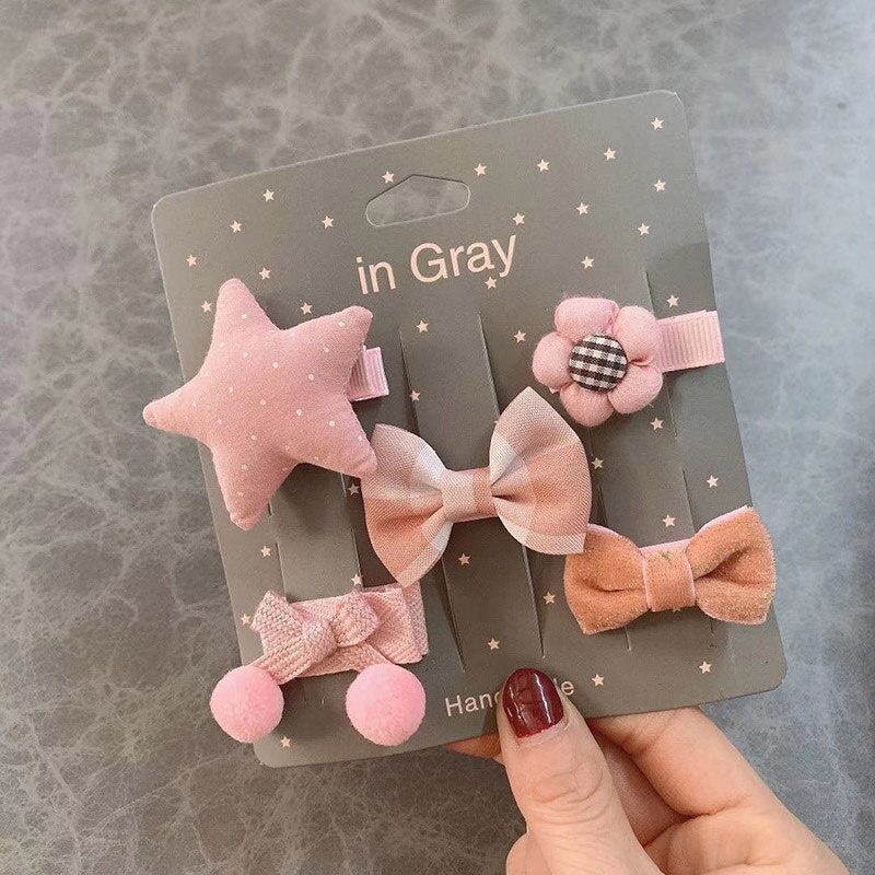 Lote de 5 uds. De pinzas para el pelo para bebé, lazos de flores de conejo para niña, horquilla de corona, pasadores de Haarspeldjes, accesorios para el cabello para bebé pequeño: pink star