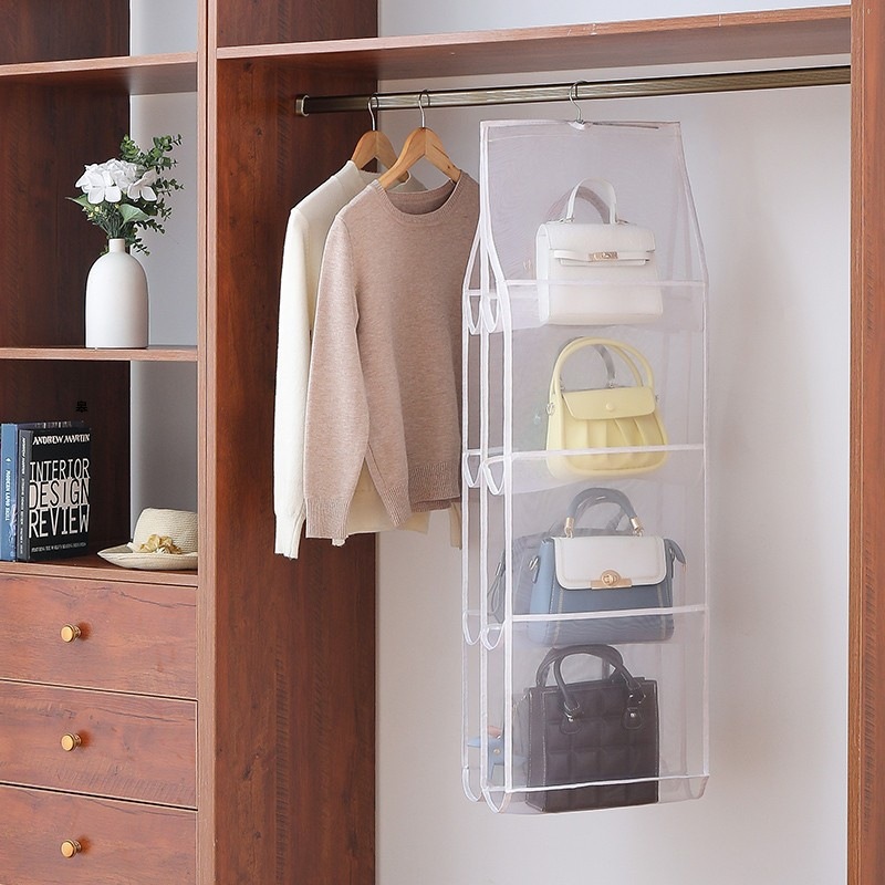 Handtaschenaufbewahrung, hängende Aufbewahrungstasche für Kleiderschrank, Schrank, Tür, Wand, transparent, staubdicht, mehrschichtig, faltbare Tasche, Organizer mit Aufhänger: Orange