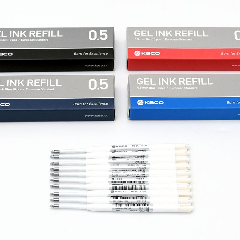 Kaco 10pcs/box G2 Refill European Standard 0.5mm Black Red Blue Dark-blue ink Refills for Retractable Gel Pens Office Supplies