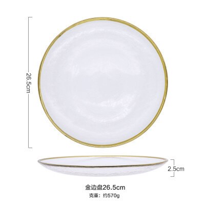 Vajilla de vidrio con borde dorado, plato occidental de comida, plato plano para ensalada, conjunto de carne para banquete, plato de exhibición, vajilla, utensilios de cocina: 26.5cm