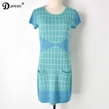 JOYDU Blue Plaid Party Dress Female Short Sleeve Pockets Knitted Runway Summer Dress Beach Dresses for Women