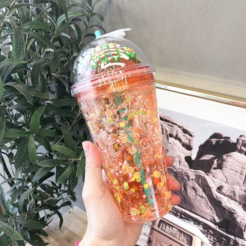 Summer Fruit Ice Cup Double Layer Refrigeration Net Red Straw Plastic Cup Large Capacity Korean Hipster Cup: ORANGE