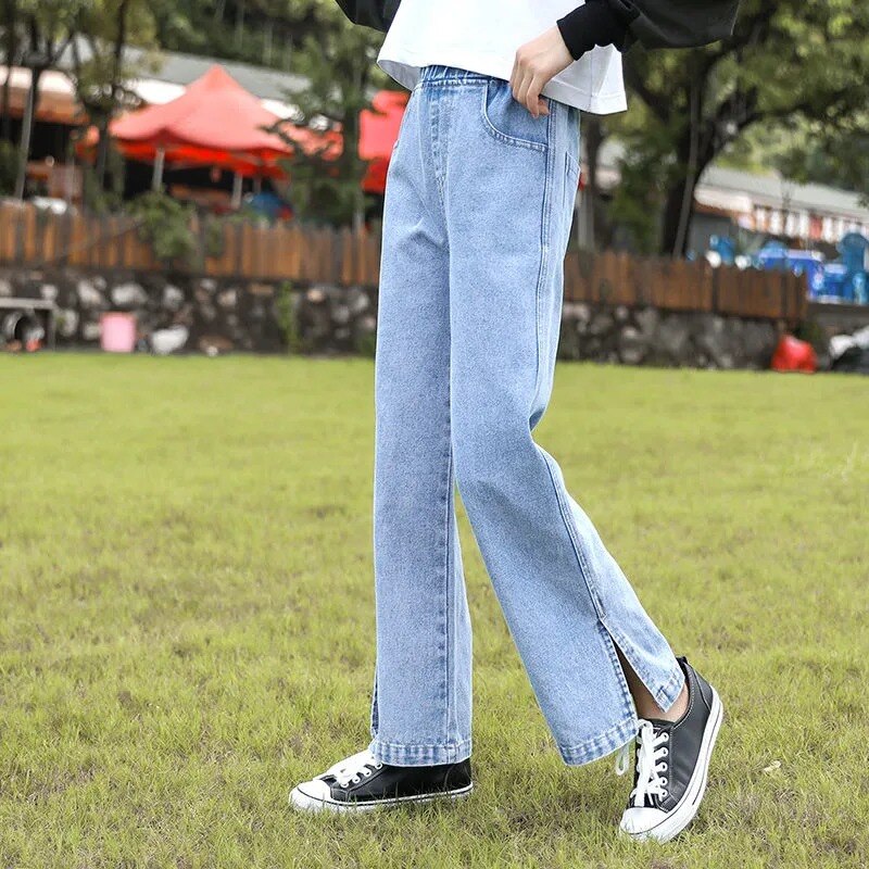Pantalones vaqueros azules coreanos para niñas y adolescentes, pantalón largo de pierna ancha, para primavera, 4, 5, 6, 8, 9, 10, 12, 14 y 16 años: blue / 4T