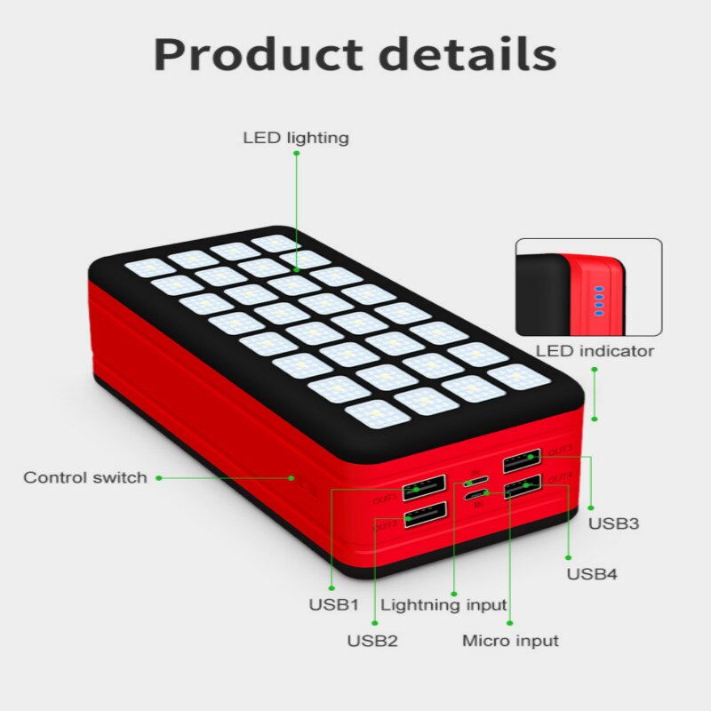 99000 mah solar-powerbank mit hoher kapazität, 4 usb-anschlüssen, campingbeleuchtung, externem akku und schnellladegerät für outdoor-aktivitäten wie camping und reisen