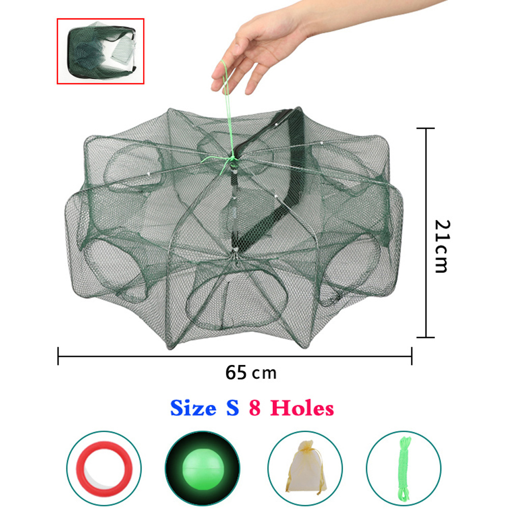 6/8/12/20 Holes Casting Fishing Net Crayfish Catcher Crab Cage Nylon Network Foldable Mesh for Catch Fish Tool Trap Landing Nets: Yellow