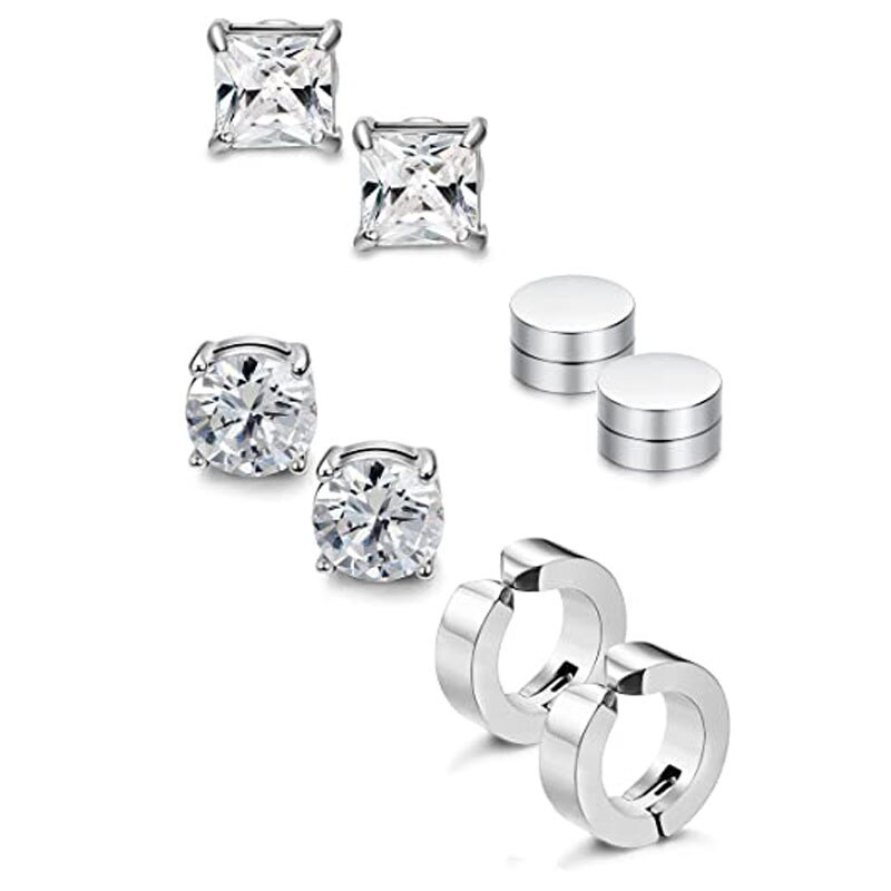 Juego de 4 pares de pendientes de acero inoxidable para hombre y mujer, tachuelas magnéticas sin perforación, CZ, Color acero de 6MM