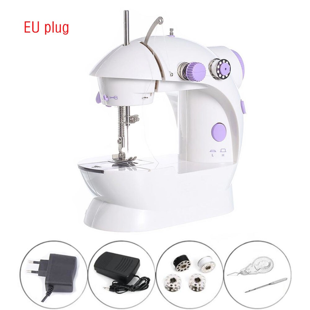 Electric Sewing Machine Mini Portable Household Night Light Foot Pedal Straight Line Hand Table Thread Kit: EU Plug