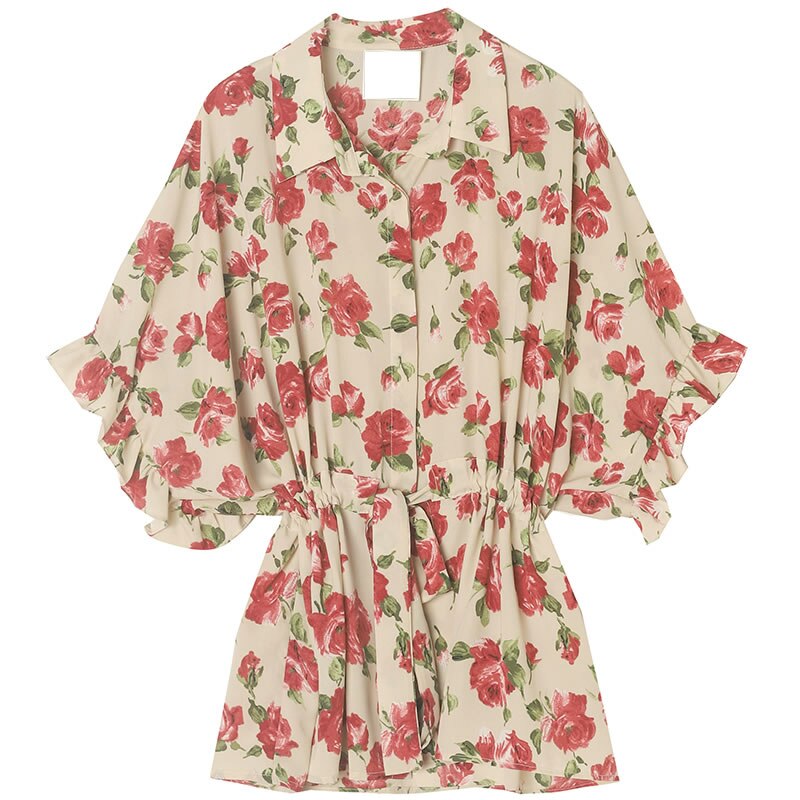 Xitao vintage print kuvio sifonki pusero kiristysnyöri naisten vaatteet kesä plus koko alaspäin kaulus paita  xj4748: Katso kuva  xj4748