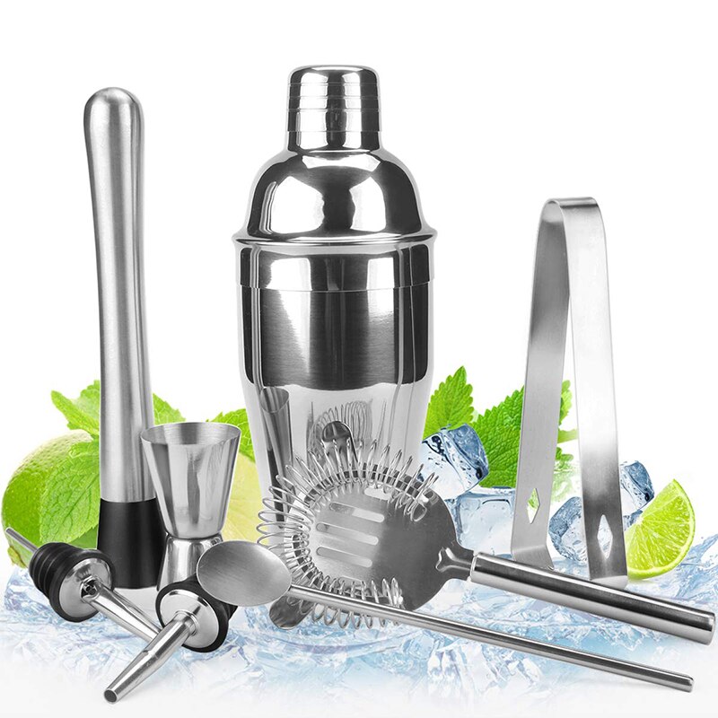 Stainless Steel Cocktail Set 550ml/750ml Cocktail Shaker Set with Muddler Jigger Bar Spoon Ice Tong Bartender Kit Bar Set