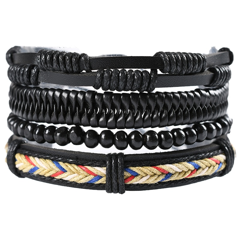 KaiMin 4pcs/ set Adjustable Leather Bracelets for Men Braided PU Black Brown Bangle Life Tree Leaf Rudder Charm Bracelet: JW8034-1