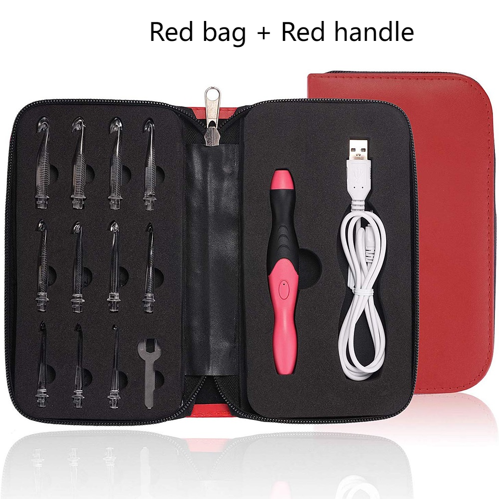 11 In 1 LED Light Up Crochet Hook Set Rechargeable Ergonomic Crochet Hook DIY Weaving Tool Knitting Hook Tools With Crochet Case: Red