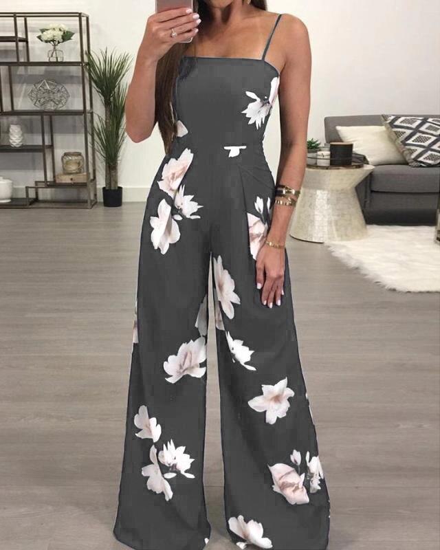 Dam sommar playsuit romper jumpsuit dam ärmlöst avslappnat blommönster: Grå / Xxl