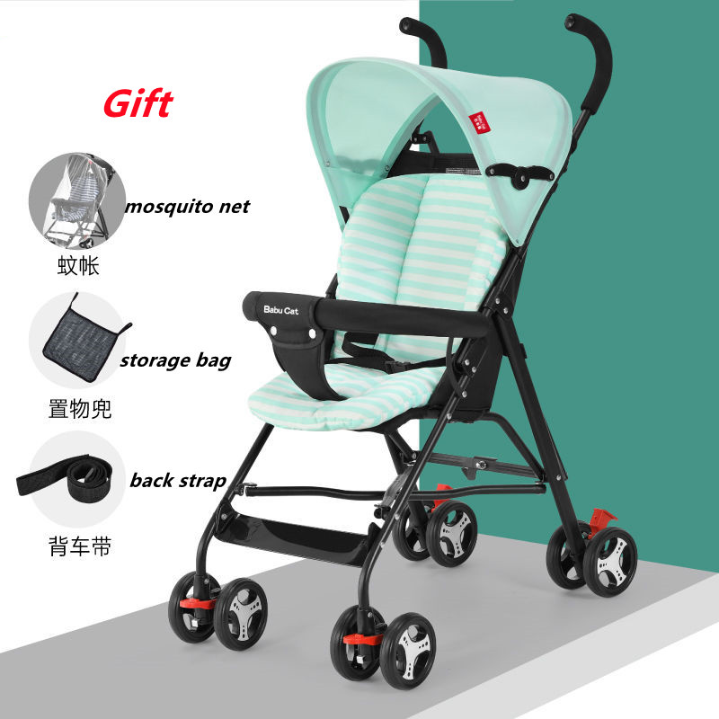Portable baby stroller can sit foldable lightweight children's stroller simple child stroller umbrella handle: green with pad