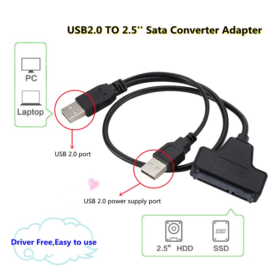 Pzzpss usb sata kabel usb 2.0 to 2.5 tommer hdd 7+15 pin sata harddisk kabel adapter til sata ssd &amp; hdd til bærbar computer: Default Title