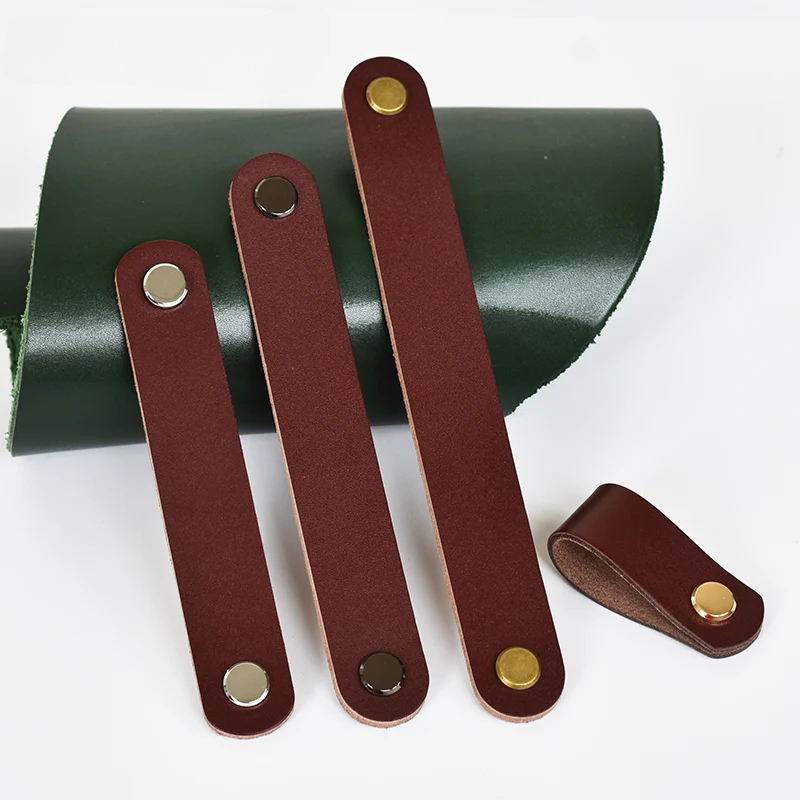 Boutons en cuir marron meubles rétro européens tiroir armoire porte poignée placard armoire à chaussures peau de vache tire bouton