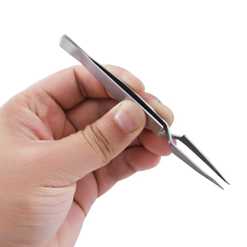 Juego de pinzas de precisión de acero inoxidable, pinzas antiestáticas de punta recta curvada, herramienta de reparación electrónica, 1 Juego