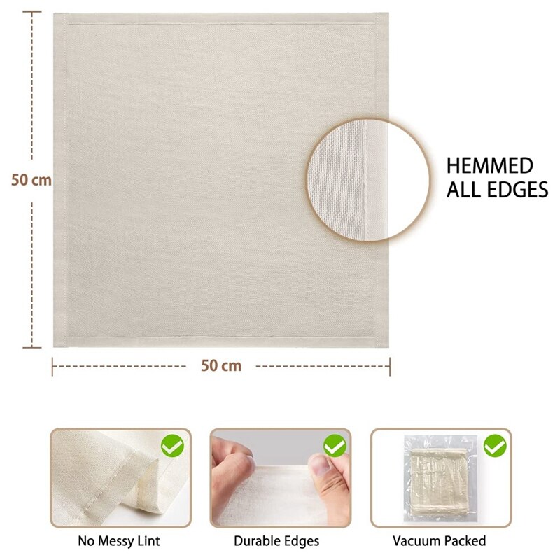 Muslin Cloths For Cooking, 50X50cm, Grade Hemmed Cheese Cloths For Straining, Unbleached Pure Cotton Cheese Cloth 3 Pcs