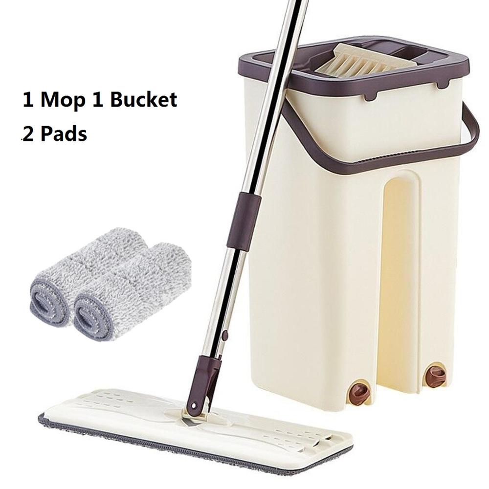 Mop Cloth with Bucket Hand Free Wringing Mop Self Wet Cleaning System Dry Clean Microfiber Flat Squeeze Lazy Mops Floor Bucket: A 1 Mop 2 Pads