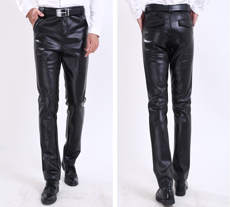 Été Slim Noir Extensible Pantalon Simili Cuir Mâle Élastique Serré Pantalon En Cuir PU Brillant Pantalon Crayon