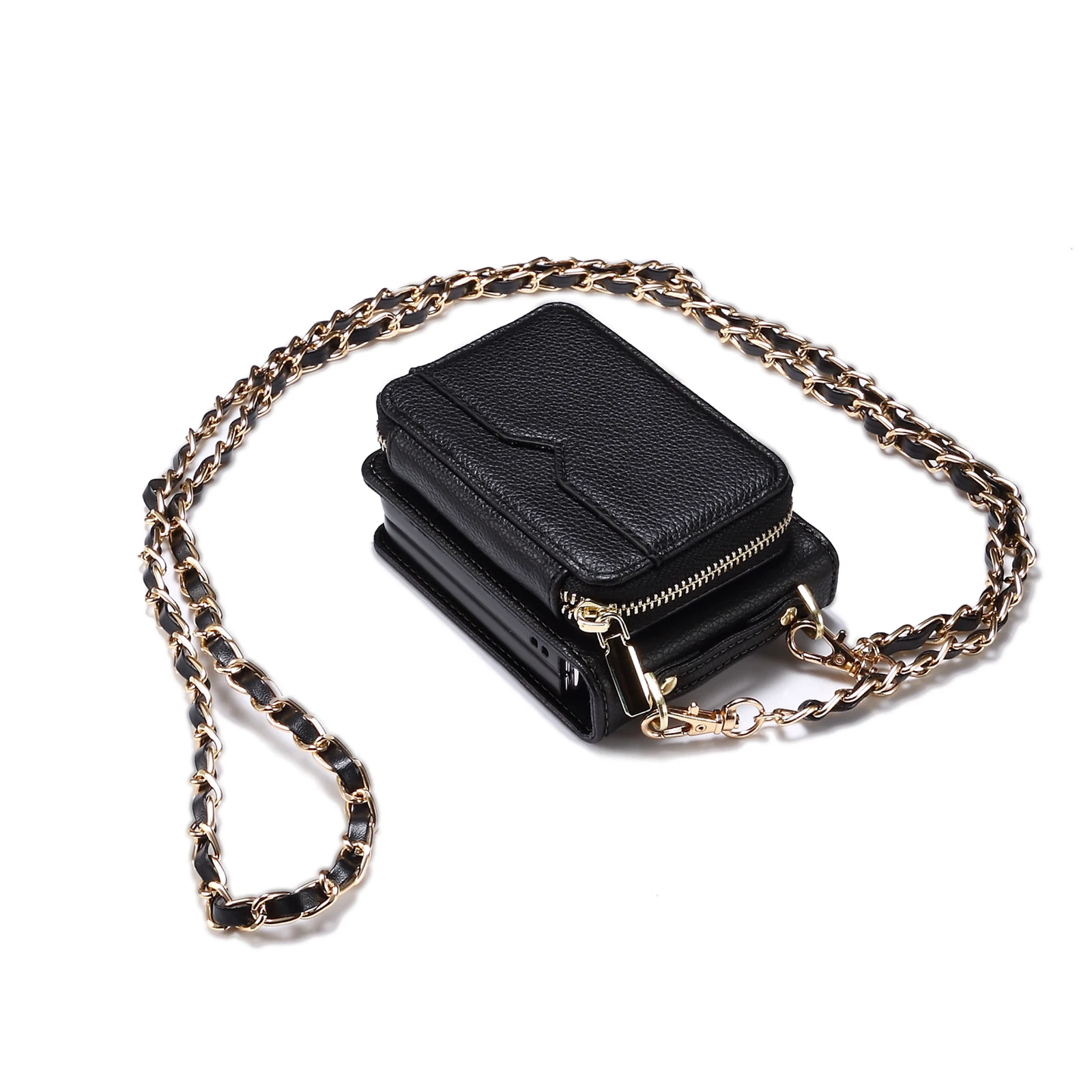 Crossbody lederen tas voor Samsung Galaxy Z Flip 6 5 4 3 5G Flip6 ritskaarten Solt portemonnee metalen ketting zaktas portemonnee cover: Katoenen stof / Beige