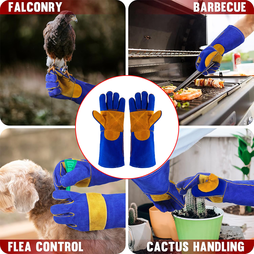 Guantes de soldadura de cuero para trabajo, guantes de soldadura resistentes al fuego/calor, quemador de troncos de madera, guantes de seguridad para Mig Tig Stick Forge BBQ Grill