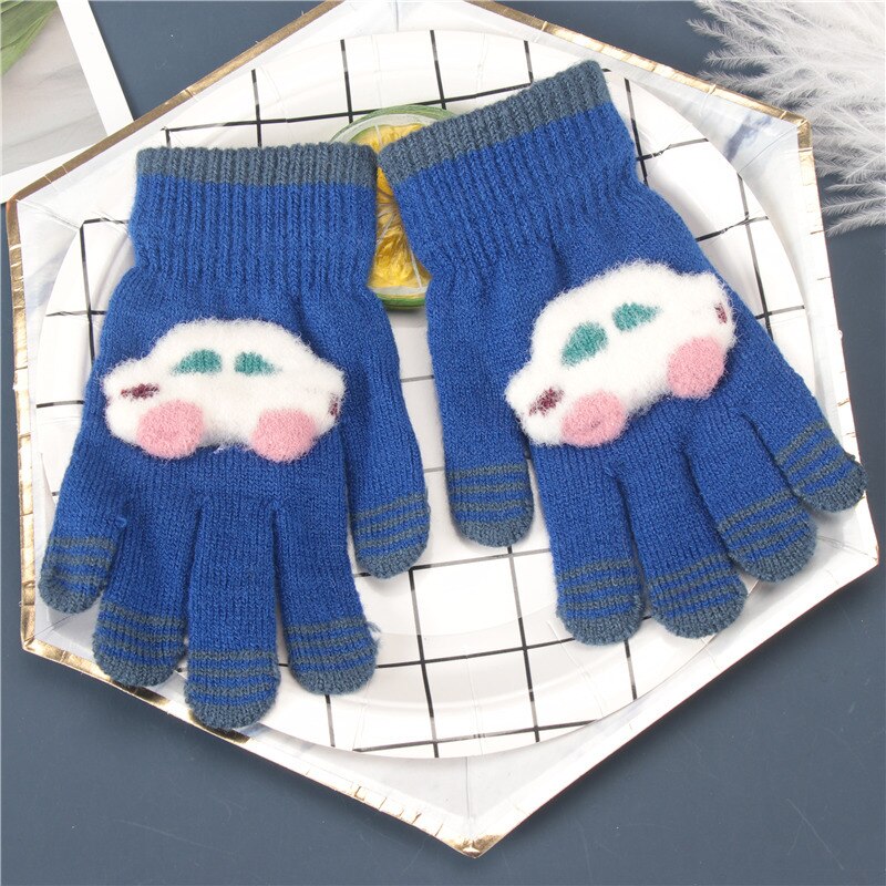 Baby Meisjes Handschoenen Volledige Vinger Voor Kinderen Cartoon Auto Wanten Warmer Kids Herfst Winter Handschoen School Jongen Wollen Gebreide Mitten: Dark blue