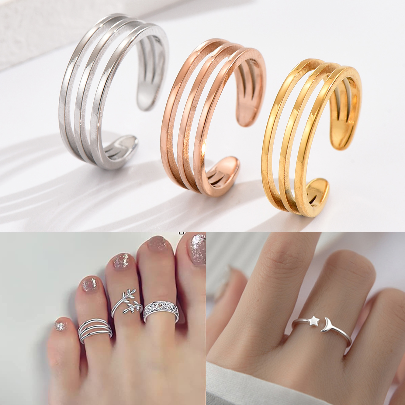 Anillo de pie Simple de acero inoxidable para mujer, niña y hombre, joyería para vacaciones en la playa, 3 uds.