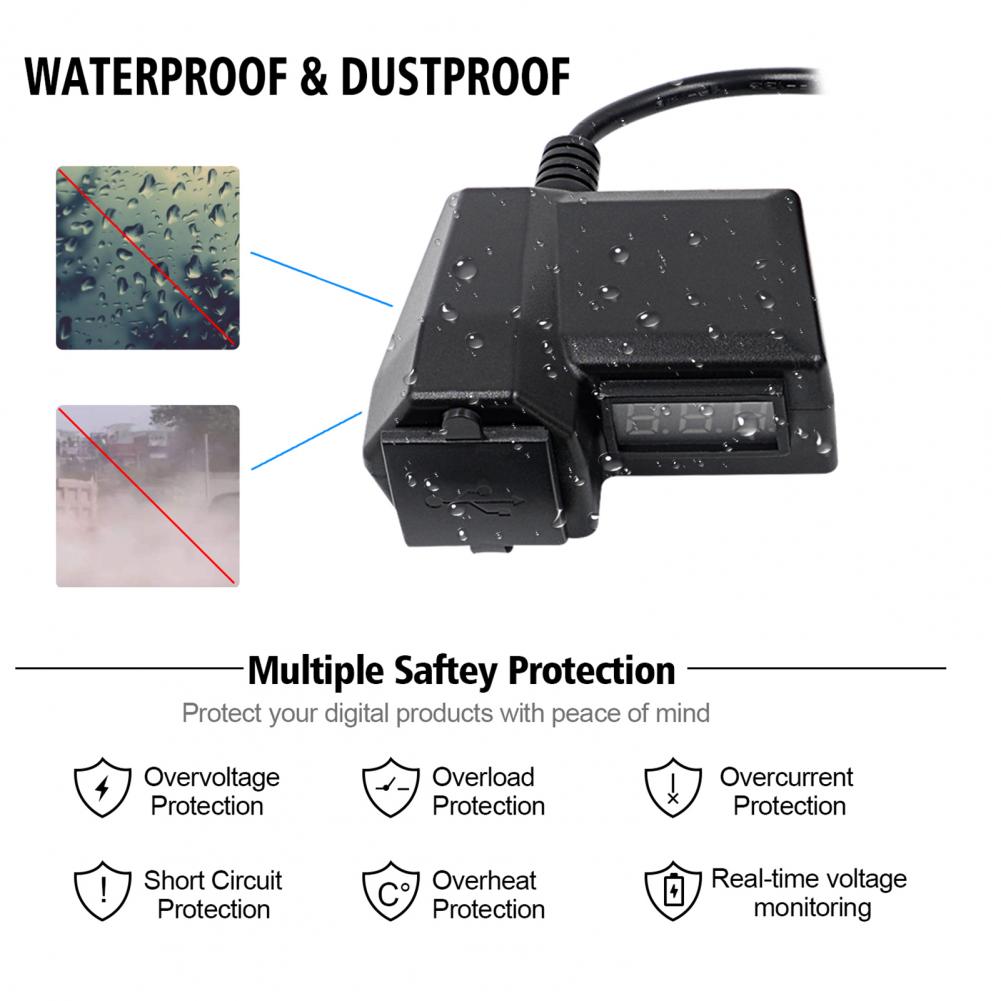 3.1A Motorcycle Waterproof USB Charger Socket Adapter Dual USB Car Power Supply For Phone Charger Voltmeter Display Accessories