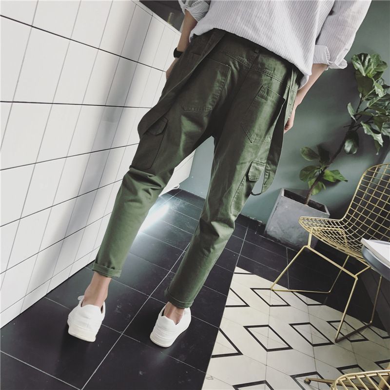 Pantalones bombachos de tirantes para hombre, petos vaqueros de bolsillo de Hip Hop, a la altura del tobillo, conjuntos de herramientas ajustados, primavera , A53005