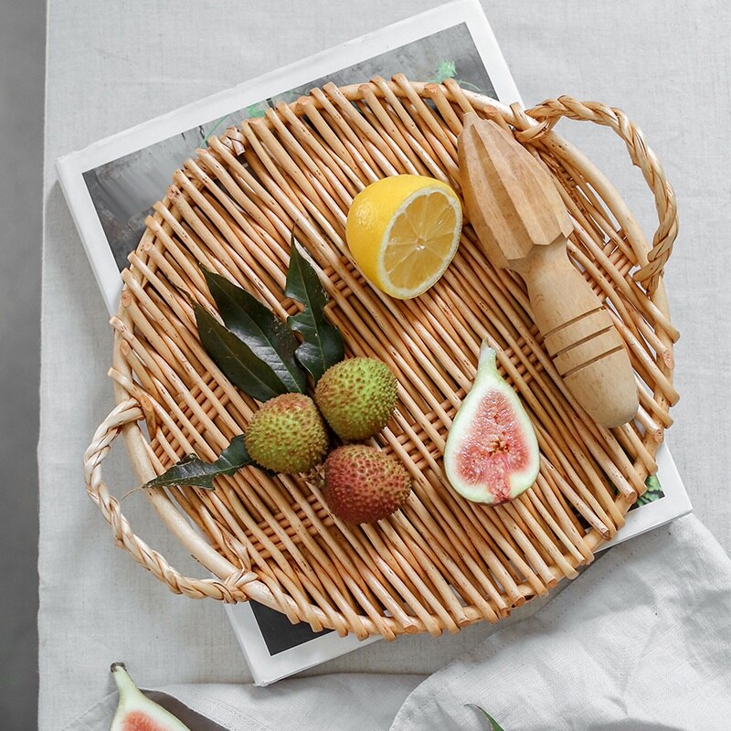 Best Rattan Round Fruit Tray with Handle Storage Tray Breakfast Table Storage Basket Pastoral Rattan Tray Bread Tray: Default Title