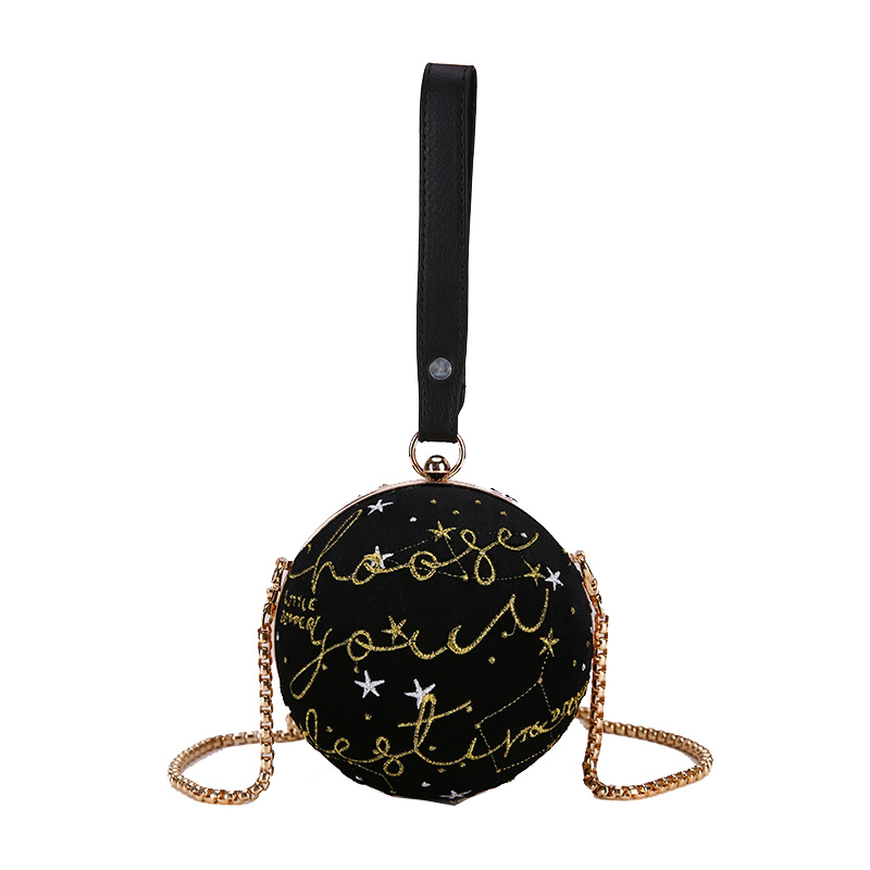 Stickerei Sterne Cord Runde Ball Tasche Partei Handtasche Schulter Tasche Crossbody Mini Umhängetasche Weibliche Bolsa Armband Tasche: Black