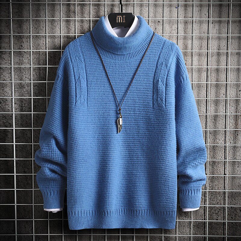 Singleroad overdimensjonert herre turtlenecks genser herre hofte hopp harajuku koreansk høykrage høyhalset genser svart strikkede gensere herre: Blå genser menn / Asiatisk-m
