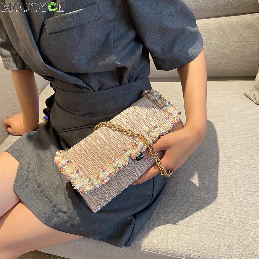 Prachtige boodschappentas, draagbare dames nylon schoudertas met geplooide pareldecoratie, handtassen voor dames, party clutch