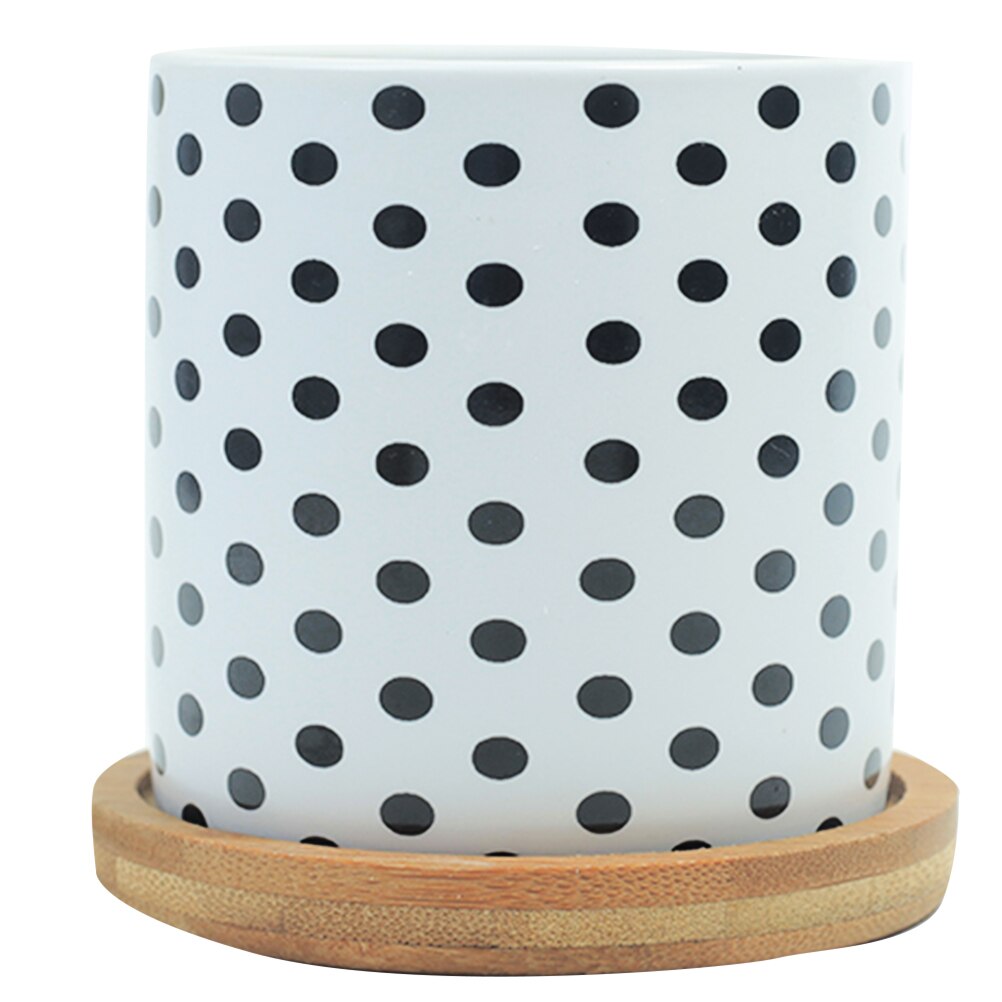 Jarrón de cerámica con forma de flor de escritorio, jarrón con forma geométrica, maceta sencilla para decoración de hogar y oficina con bandeja de Bambú: 4