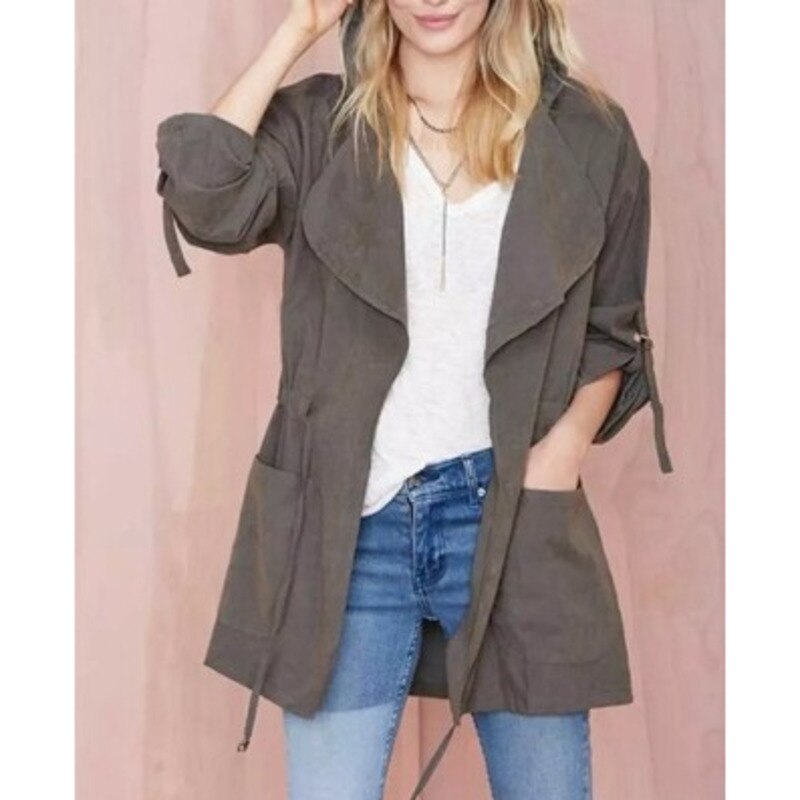 Solid trenchcoat dame efterår dame hætte tynd vindjakke mellemlang frakke afslappet løs streetwear frakker: Grå / S